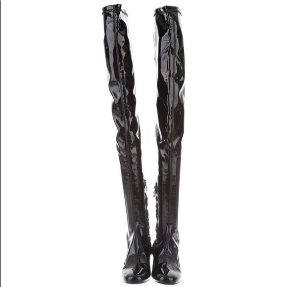 🆕CHIARA FERRAGNI BLACK PATENT LEATHER OVER THE KNEE BOOTS WITH LOW/FLAT HEEL - Picture 8 of 10